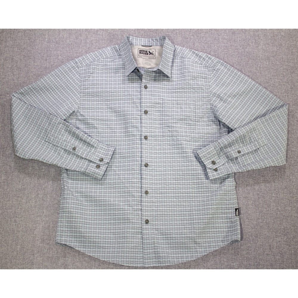 Eddie Bauer Hiking Shirt Mens Large Light Blue Plaid Long Sleeve Mesh Yoke